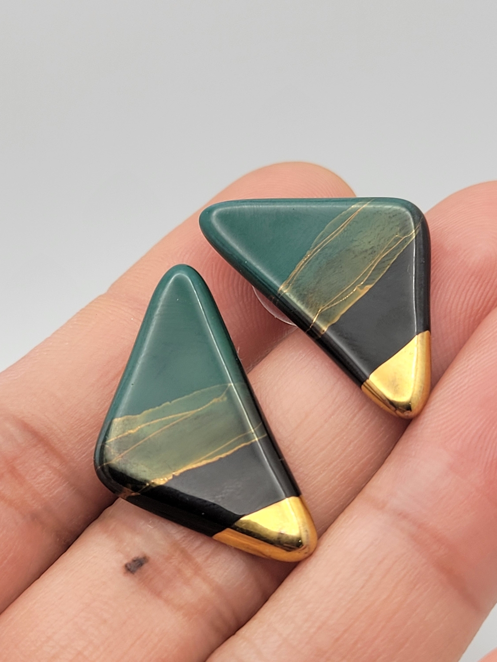 Green and Black Triangular Stone Earrings with Gold Accent